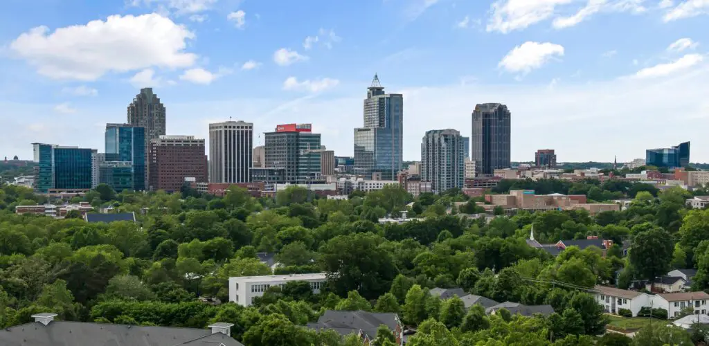 A spectacular view of Raleigh city center from a distance, surrounded by trees. Fun things to do in Raleigh NC for young adults.