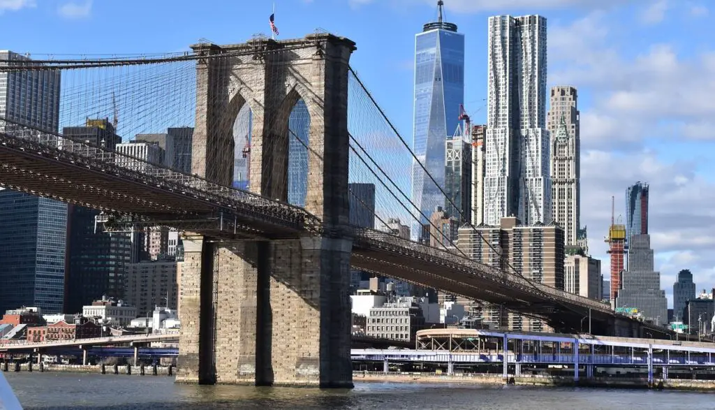 A scenic view of a bridge and river framed by the towering skyscrapers of New York City, highlighting winter charm and iconic city sights.
