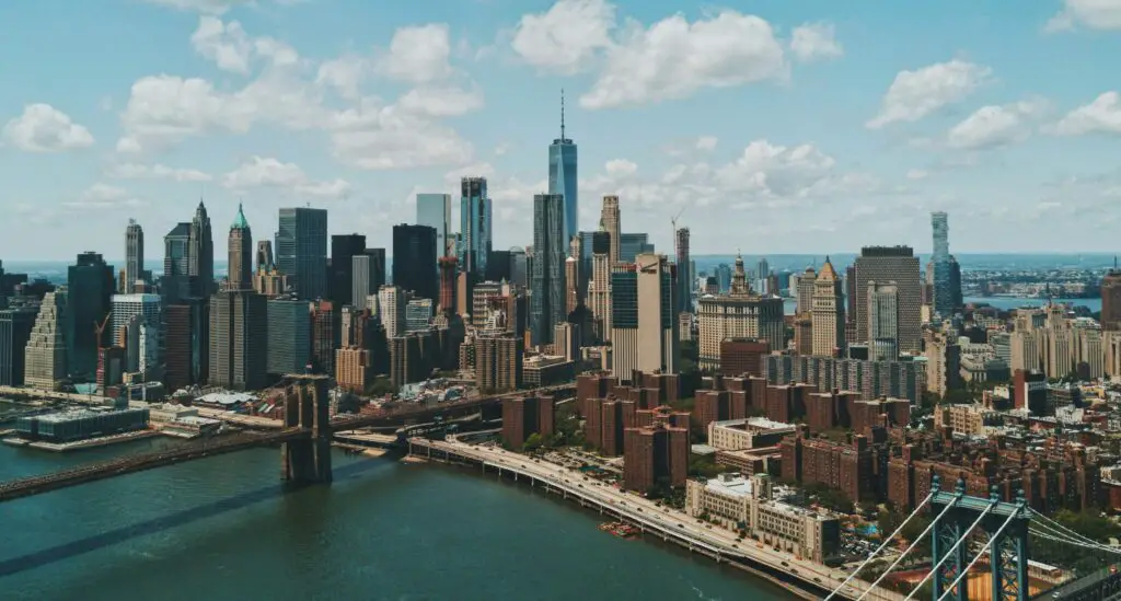 A breathtaking aerial view of New York City, showcasing its skyscrapers, parks, and bustling urban layout.
