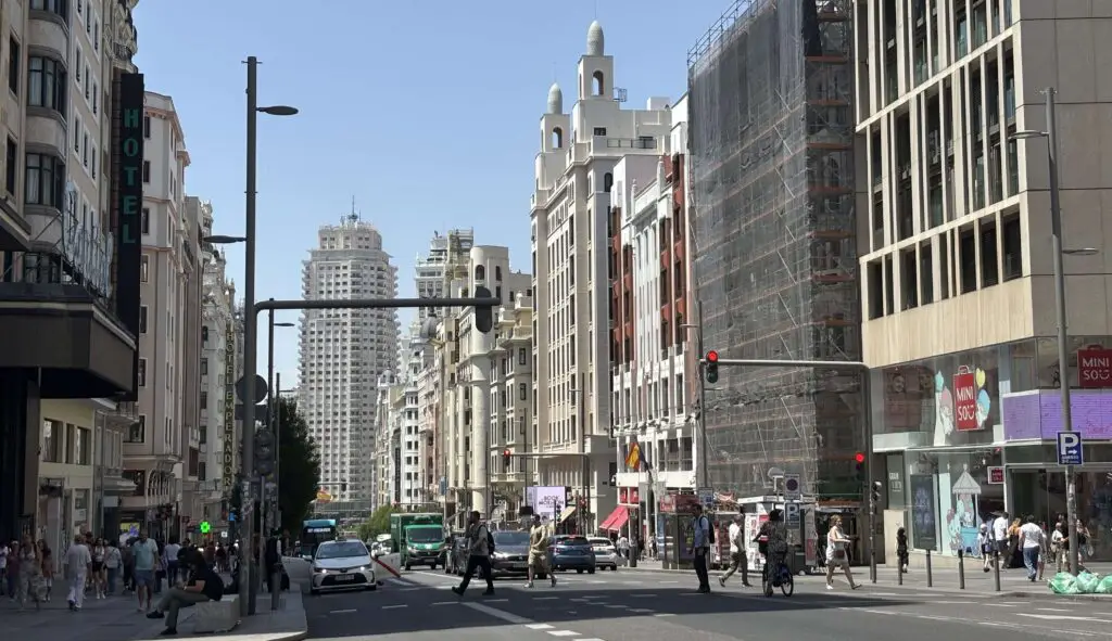 Embracing Madrid on a Shoestring: Why These Free Experiences Shine View of Madrid’s Gran Vía at sunset, with pedestrians, iconic architecture, and vibrant city life—capturing the heart of the city.